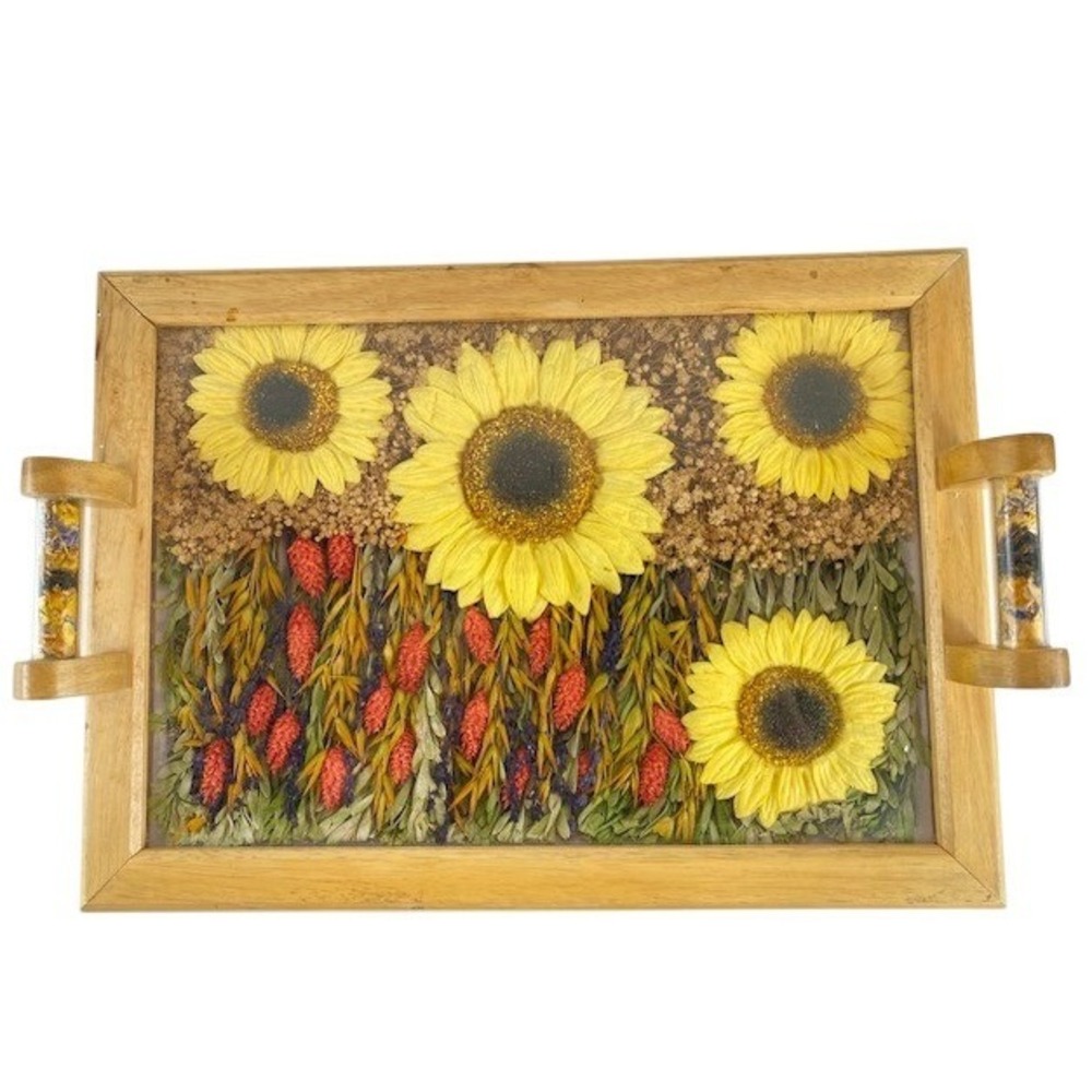 Handmade Pressed Sunflower Plexiglass Serving Tray Wooden Handles Farmhouse Boho